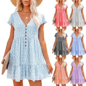 2022 Hot Sales V Collar Button Small Floral Short Sleeve Loose Casual Dress