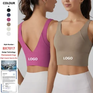 Top deportivo de mujer con copas permanentes en la espalda en V, larga, de alto impacto, soporte para correr, yoga, entrenamiento y fitness