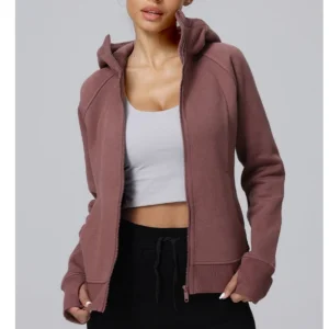 Moletom feminino de moda esportiva personalizado por atacado, forrado com fleece, quente, com capuz, ajuste slim, espesso, jaqueta de fitness e yoga para outono e inverno