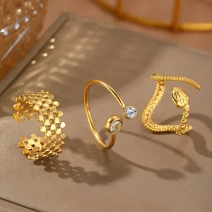 New Arrived 18K Gold Serpent Ring Stainless Steel Diamond Ring Adjustable Animal Snake Cuff Ring Personalized Jewelry