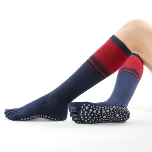 Meias de Algodão Antiderrapantes para Mulheres e Homens, Longas para Yoga, Azuis