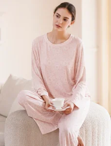Women's Pink Floral Print Loungewear Set Long Sleeve Soft Casual Sleepwear Outfit