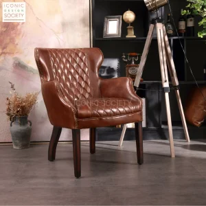 Vintage Living Room Furniture Wooden Frame Hotel Wingback Club Chair Chesterfield Genuine Leather Chair