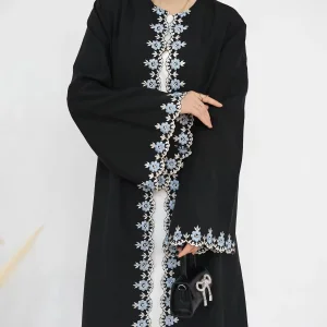 Fashion Flower Embroidery Arab Black Abaya