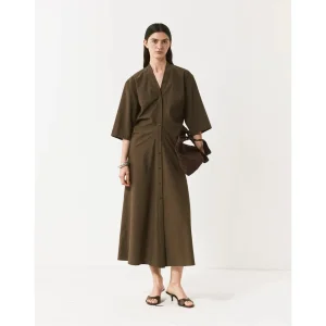 Vestido Camisa Midi de Meia Manga com Decote em V Leve Tencel Lyocell Casual de Verão para Senhoras Vestido Ajustado na Cintura Mulheres Atacado Personalizado