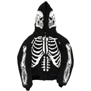 New Fashion Streetwear Custom Logo Skull Halloween Hoodie Oversized Skeleton Thick Rhinestone Full Zip up Hoodies Men