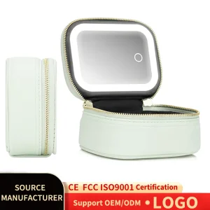 Foldable PU Leather Makeup Bag Mirror with LED Mirror and Adjustable Compartment, Portable Travel Cosmetic Bag for Girls