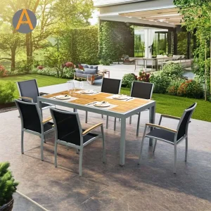 Guarantee Tailored High Quality Extendable Dining Set with Teak Wooden Table Top Aluminum Home Outdoor Furniture for Garden Living