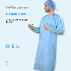 Batas de aislamiento desechables de CPE con bucle para el pulgar impermeable