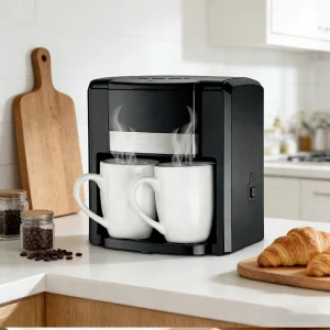 Compact Semi-Automatic Drip Coffee Maker with Double Ceramic Cups for Home Use