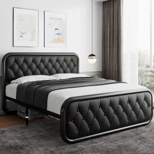 Estructura de cama de metal tamaño king con cabecera de cuero