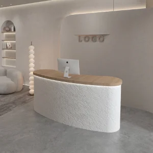 Curved Reception Counter for Cashier Clothing Store &amp; Beauty Salon Cream Color Cave Stone Front Desk