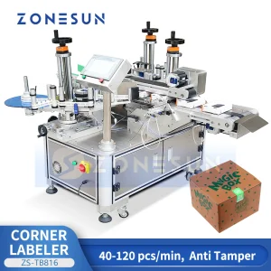 Zonesun Zs-Tb816 Automatic Double Side Anti-Tamper Corner Labeling Machine Carton Box Sealing Tamper Evident Label Applicator for Cosmetic Pharmaceutical Packag