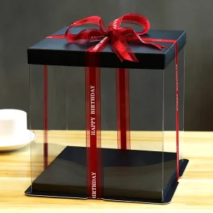 Wholesale Customized Printing Luxury Black Large Capacity Transparent Plastic Cardboard Holiday Birthday Baking Bread Tall Cake Shaped Clear Squar Packaging Box