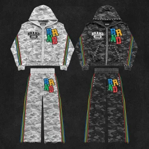 Custom Men's Rhinestone Zip Up Boxy Camo Hoodie Sweatpants Set Cotton Streetwear Embroidered Oversized Distressed Hoodie