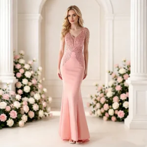 Lace Trim Rhinestone Evening Dress