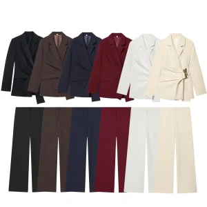 PB&amp;ZA Womens 2026 Winter Collection Buckle-Embellished Velour Anti-Wrinkle Full Length Full Sleeve Blazer Suits &amp; Blazers