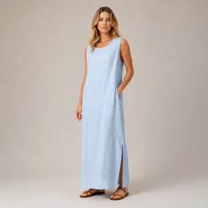Vestido Longo Sem Mangas Lady Linen com Laço nas Costas e Fenda Lateral Roupas Casuais de Verão para Férias Atacado Personalizado