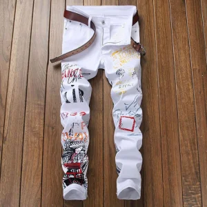 Atacado 2023 Moda Casual Stretch Preto Homem Impressão de Letra Calça Cintura Média Skinny para Homens Namorado Jeans Longos Calças