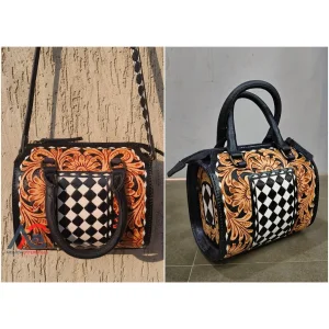 2026 New Design Latest Collection Hand Tooling Florals Carved Checkered Pattern Genuine Leather Weekender Travel Speedy Duffel