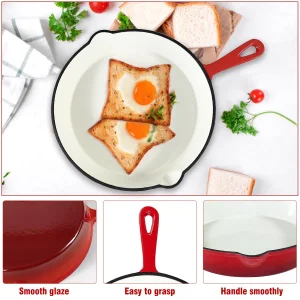 Cast Iron 10 Inch Skillet Frying Pan, Oven, Stovetop, Grill, Campfire &amp; Induction Compatible, Durable, Non-Toxic, Even-Heating Cookware, Red, Round