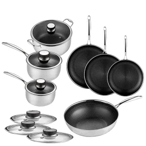 13 Pcs Hex Hybrid Cookware Set W/ Lids Stainless Steel Wok Kitchenware 3-ply Stainless Steel Honeycomb Non Stick Wok Pans