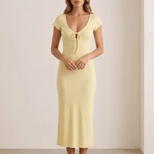 Vestido largo ajustado de punto con cuello en V profundo resistente a las pastillas para mujeres, ideal para citas