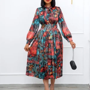 Fabricante de Roupas Personalizadas Vestido Casual Feminino de Manga Longa com Gola Lapela Estampado Solto em A Plus Size