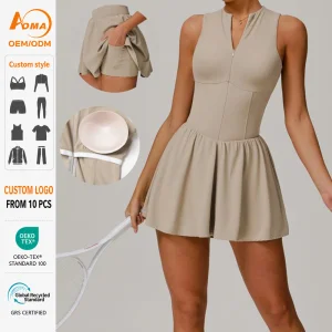 Aoyema Custom Logo Half Zip Stand Collar Built-in Bra Pocket Shorts Women Tennis Golf Athletic Workout Sports Dress