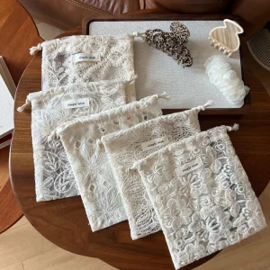 Lace Jacquard Cotton Makeup Bag Jewelry Storage Vintage Organizer Gift Bohemian Apricot Embroidered Drawstring Pouch
