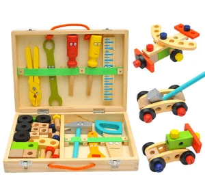 Children's Educational Cartoon Wooden Simulation Tool Box Realistic Assembly Disassembly Screw Nut Set for Pretend Play