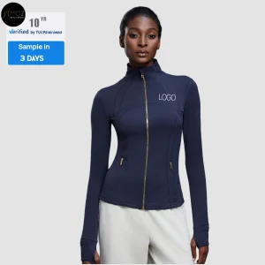 Women's Lightweight Stand Collar Yoga Jacket Golden Zip Outerwear for Running &amp; Fitness Soft &amp; Comfortable Lounge Coat Design