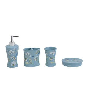 Custom Light Blue Bird & Floral Patterned Dolomite Bathroom 4 - Piece Set Supplier, Exporter