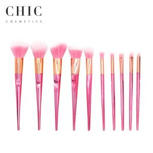 2024 Wholesale High Quality 10pcs Glitter Pink Luxury Makeup Cosmetic Powder Foundation Brush Set Valentine Make up Brushes OEM