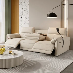 Beige Fabric Power Recliner Sofa Wall Hugger