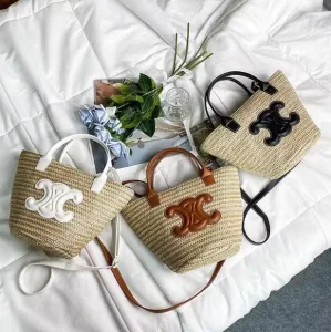 Bolsa de Palha Woven Bucket para Mulheres, Designer, Ombro Único, Estilo Novo de Verão, Tendência, Bolsa e Bolsa de Cesta Woven, Réplica Atacadista 1: 1