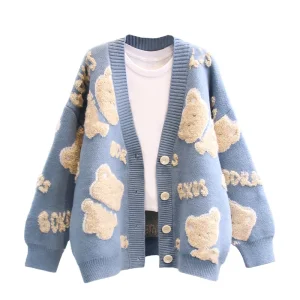 Women's Long Sleeve Cardigan with Bear Jacquard Print