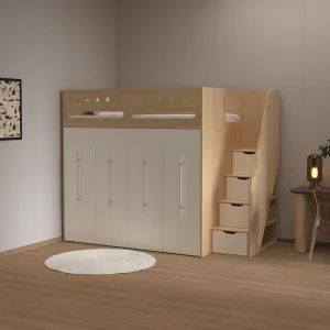 Wooden Loft Bed with Large Storage Wardrobe for Kids Space-Saving Multifunctional Wooden Bunk Bed Children's Bedroom Furniture