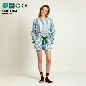 Premium Striped Women's Pajama Set Soft Cotton Blend Long Sleeve Shirt &amp; Shorts GOTS Certified Private Label Loungewear Sets