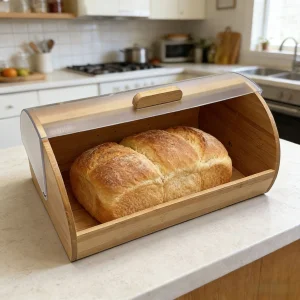 Bamboo Modern Eco-Friendly Bread Storage Box See-Through Roll Top 3-6L Countertop Food Container Home Commercial