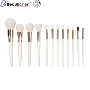 Conjunto de Pincéis de Maquiagem Beautichen 12PCS Branco com Ferrule Dourado - Conjunto Completo de Pincéis para Pó Solto e Blush para Iniciantes, Venda Direta de Fábrica