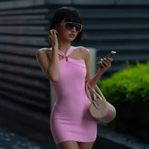 SB3809 Kimshein Fashion Summer Pink Halter Neck Backless Empire Short Bodycon Dress Parties Show Cocktail Party Dress