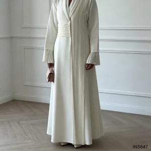 Elegant Cream White Pleated Abaya Kimono