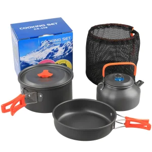 2~3 Person Camping Cookware Mess Kit With Kettle Non Stick Pot Outdoor Cookware Non-Stick Lightweight Pots Set for Camping