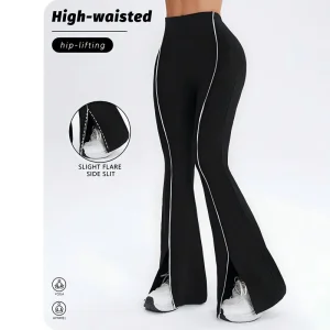 Simple Flared Pants Slim Fit With Slit High Elasticity Butt Lifting Leg Lengthening High Waisted For Running Yoga Sports Fitness