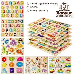 75 Design Custom Alphabet Number Animal Learning Jigsaw Wooden Peg Puzzle Board Montessori Educational Toys for Toddlers Kids