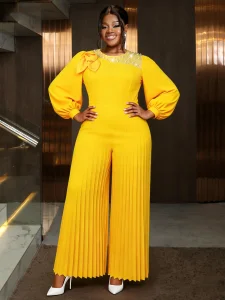 AM050934 O Neck Long Lantern Sleeve Beading Jumpsuit Flower Pleated Casual Wide Leg Playsuit