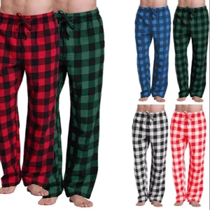 Calças de Pijama de Natal em Poliéster com Estampa Xadrez para Adultos, Homens e Mulheres