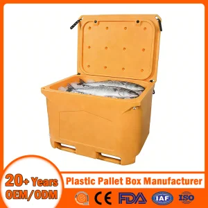 111X91X60cm/1200*1000*760mm/123X103X44cm/660L/1000L Plastic Pallet Insulated Fish Container with Drainage Outlet/Rubbler Lock/Stackable Lid/Wheel/Water Outlet