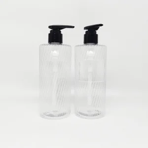 Cosmetic Packaging 500ml Pet Plastic Unique Water Ripple Shape Shampoo Transparent Color Bottle with Black Lotion Pump Sugarcane, Biodegradable PLA